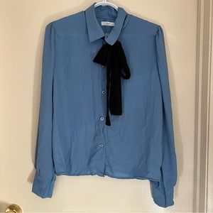 Light Blue with Black Ribbon Buttoned Blouse